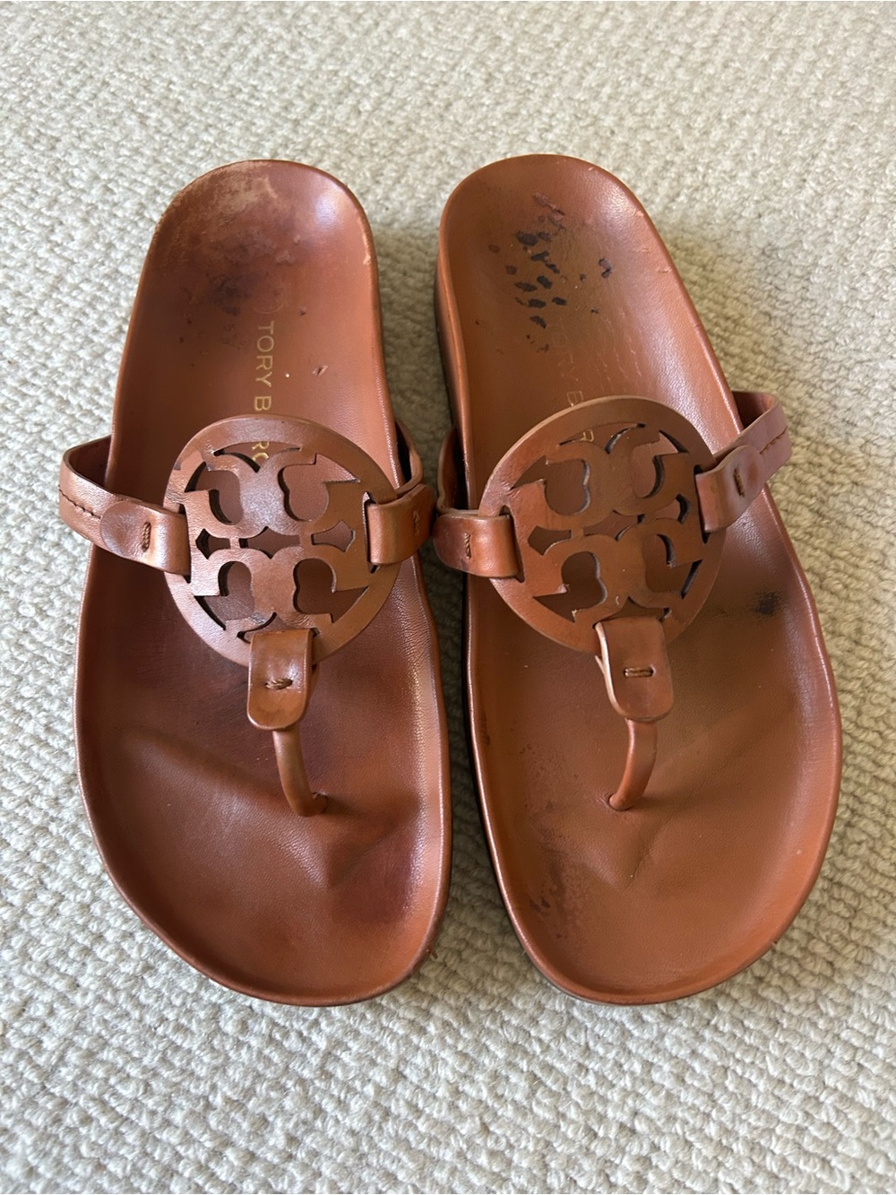 Tory Burch Cognac Leather Logo Thong Sandals